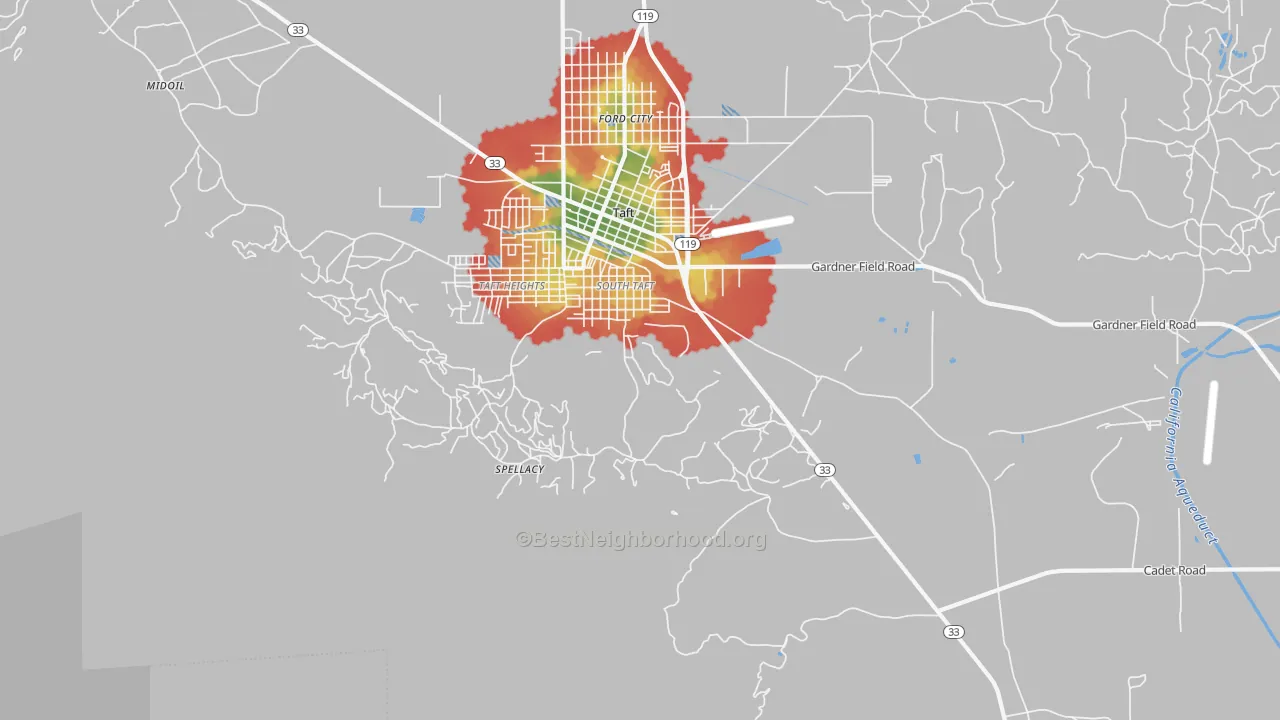 Walk Grade map of South Taft, CA, walkable areas in green and car-dependent areas in red