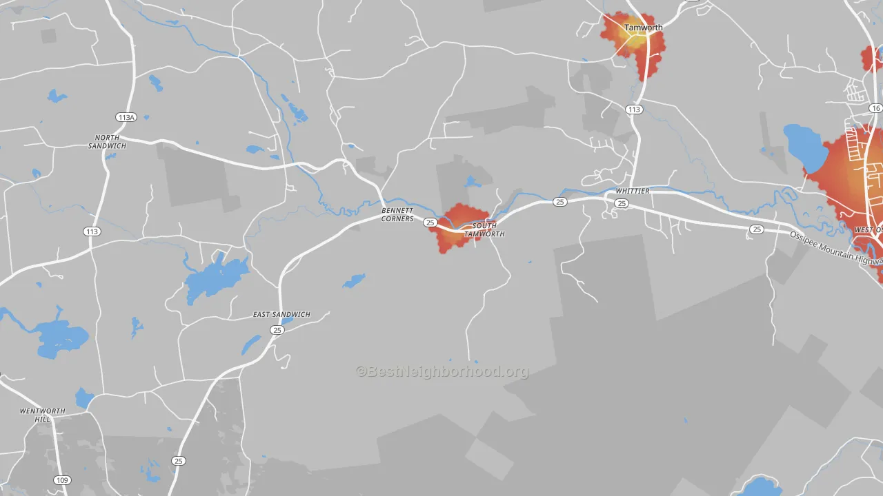 Walk Grade map of South Tamworth, NH, walkable areas in green and car-dependent areas in red