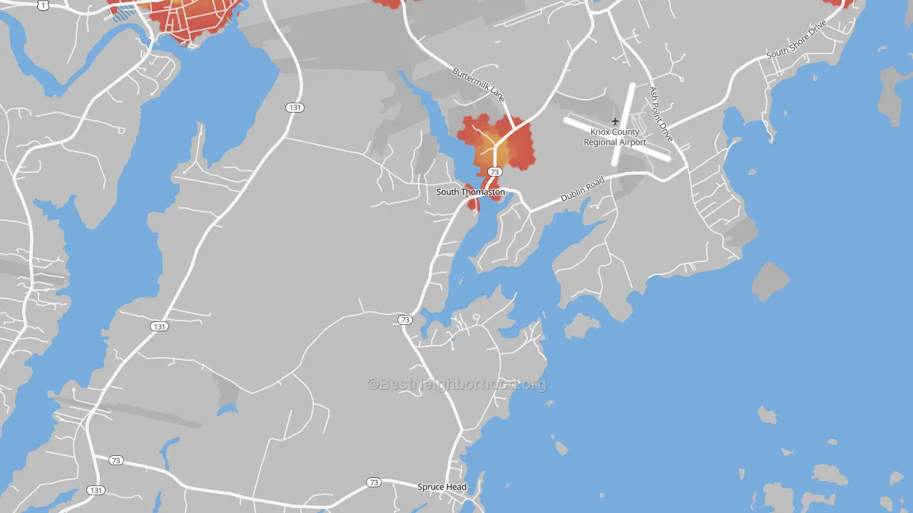 Walk Grade map of South Thomaston, ME, walkable areas in green and car-dependent areas in red
