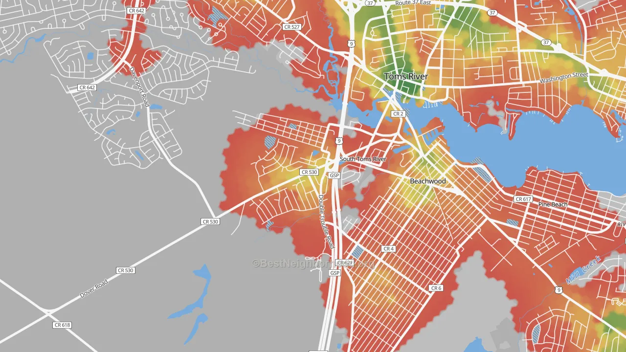 Walk Grade map of South Toms River, NJ, walkable areas in green and car-dependent areas in red