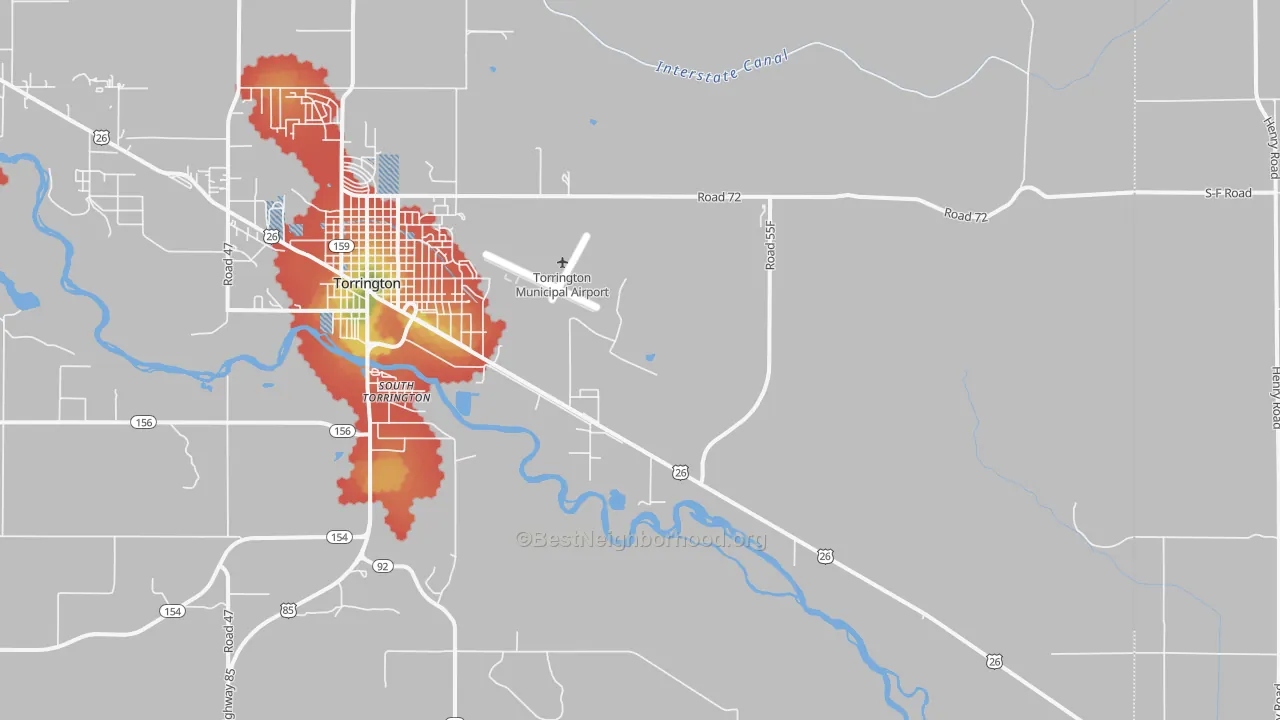 Walk Grade map of South Torrington, WY, walkable areas in green and car-dependent areas in red