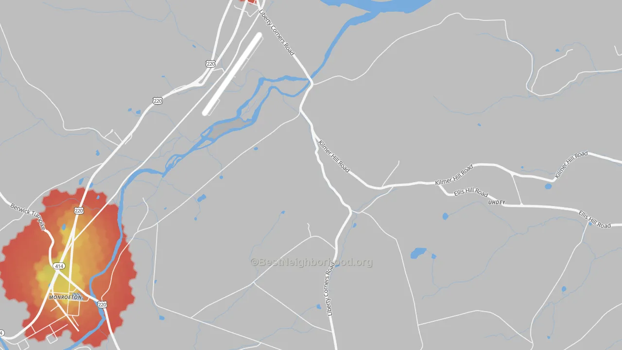 Walk Grade map of South Towanda, PA, walkable areas in green and car-dependent areas in red