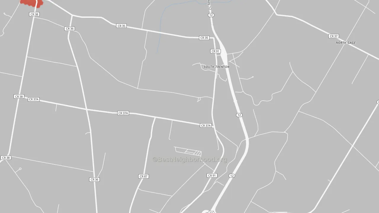Walk Grade map of South Trenton, NY, walkable areas in green and car-dependent areas in red