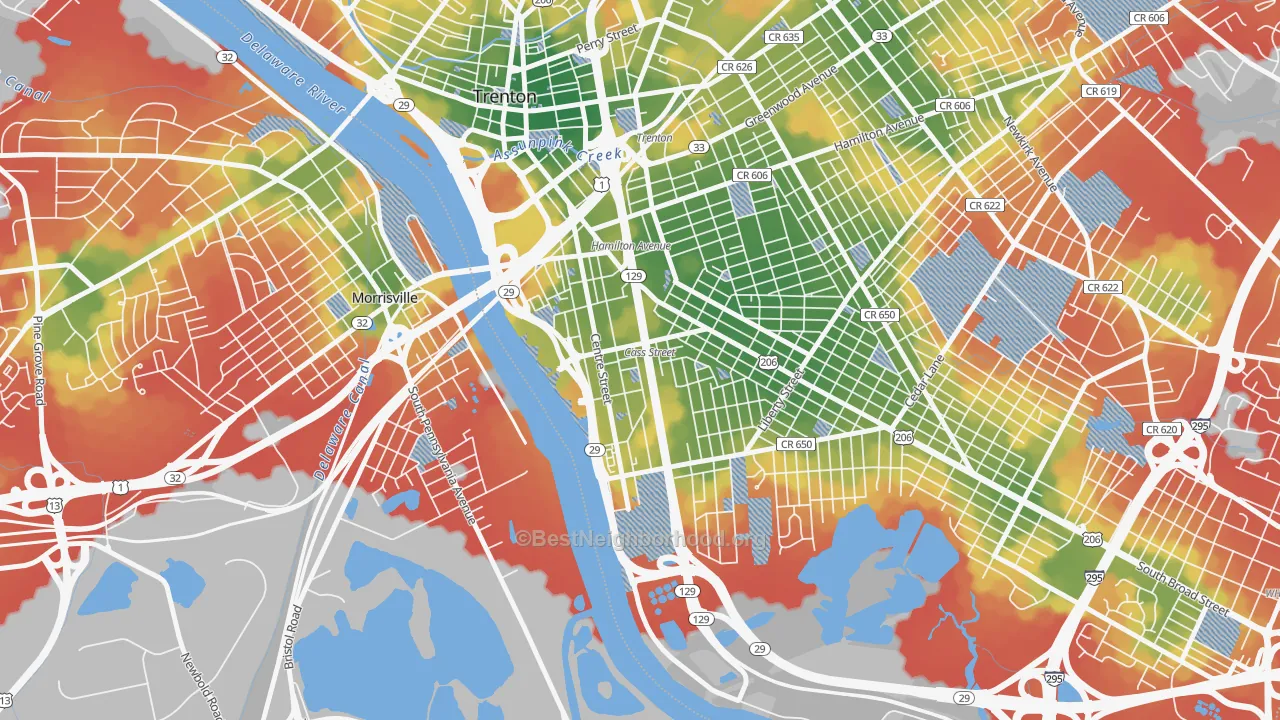 Walk Grade map of South Trenton, Trenton, NJ, walkable areas in green and car-dependent areas in red