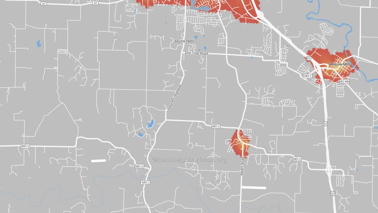 Walk Grade map of South Troy, MO, walkable areas in green and car-dependent areas in red