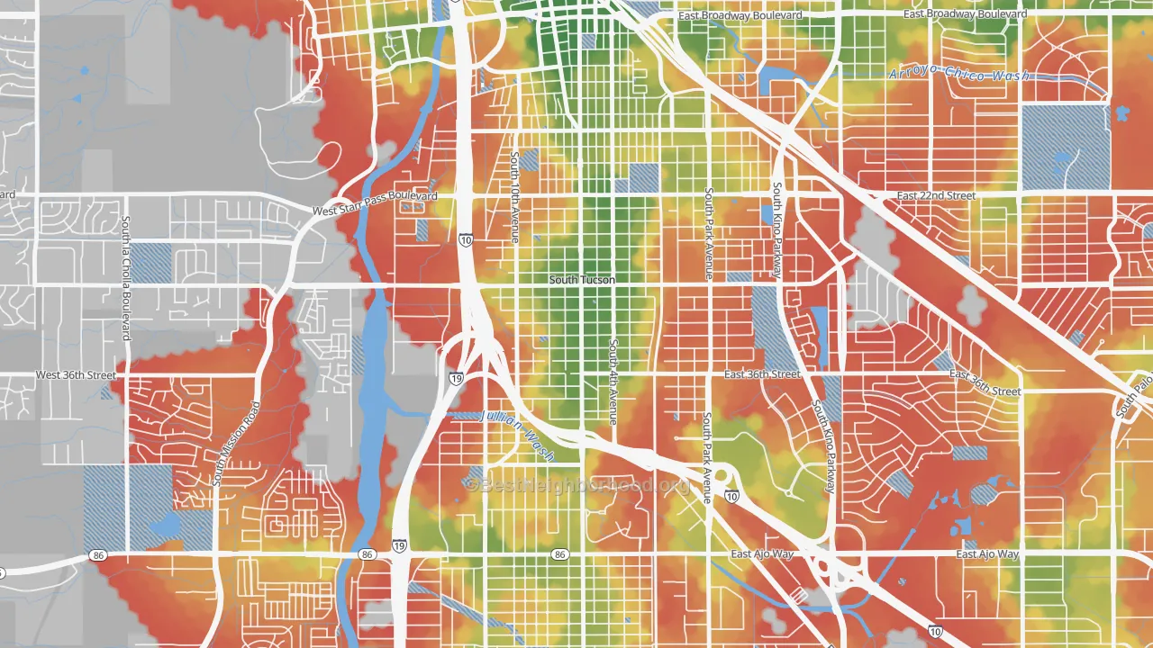 Walk Grade map of South Tucson, AZ, walkable areas in green and car-dependent areas in red