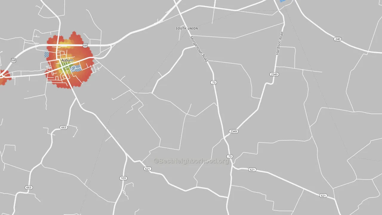 Walk Grade map of South Union, KY, walkable areas in green and car-dependent areas in red