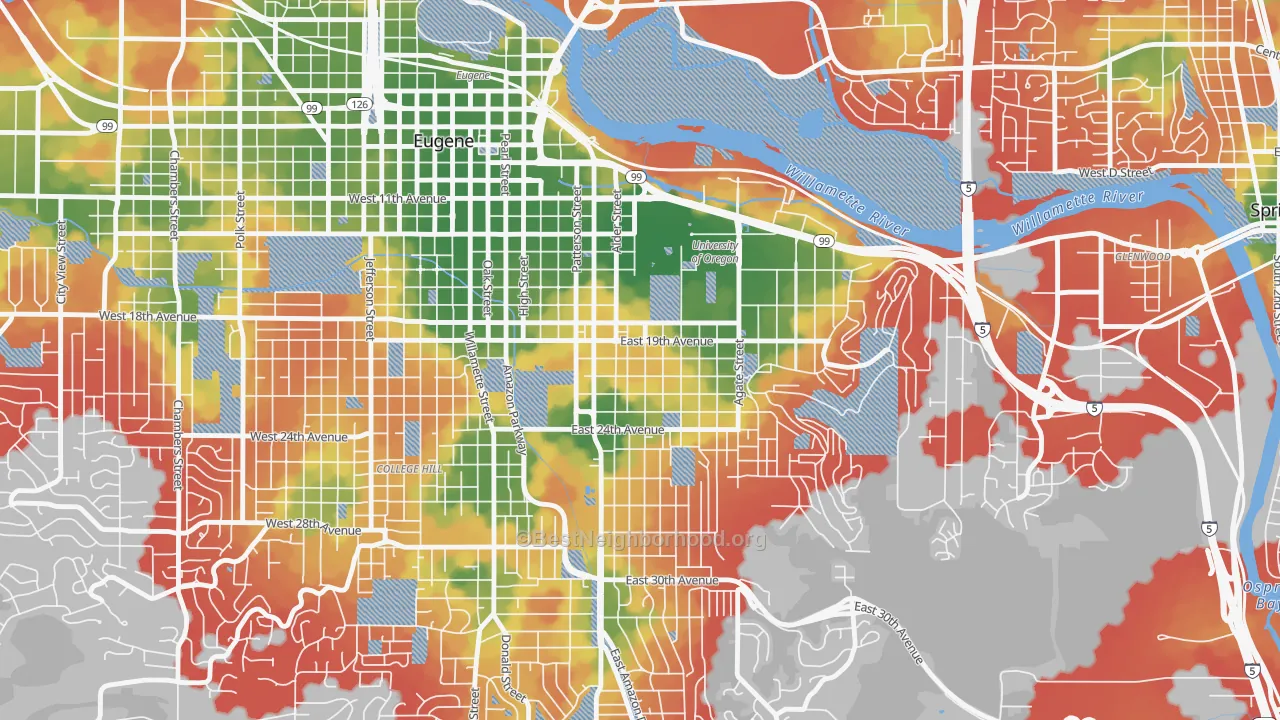 Walk Grade map of South University, Eugene, OR, walkable areas in green and car-dependent areas in red
