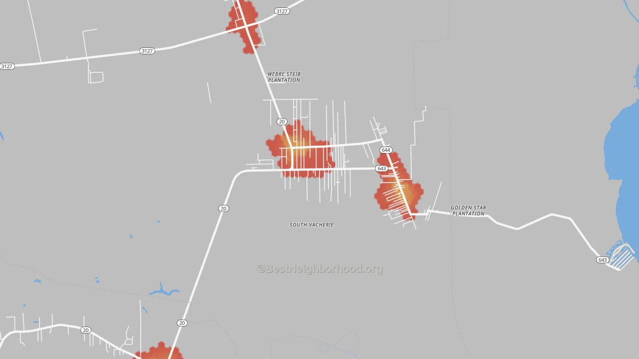 Walk Grade map of South Vacherie, LA, walkable areas in green and car-dependent areas in red