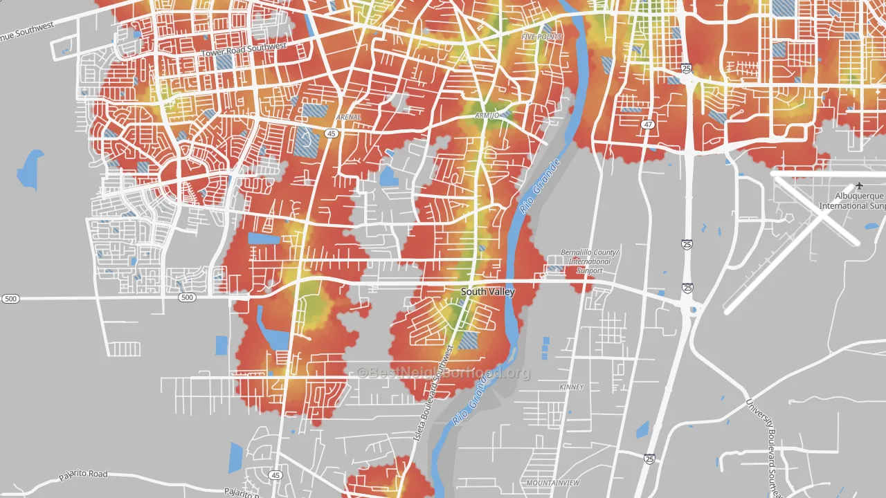 Walk Grade map of South Valley, NM, walkable areas in green and car-dependent areas in red