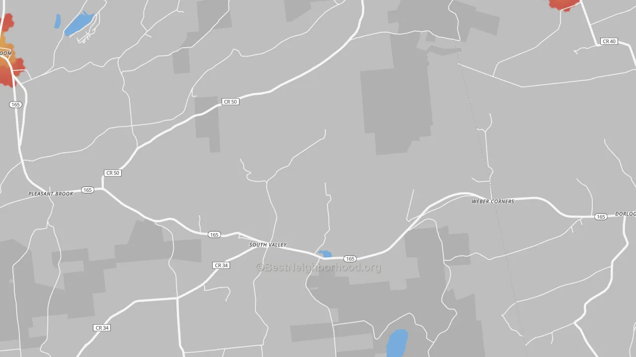 Walk Grade map of South Valley, NY, walkable areas in green and car-dependent areas in red