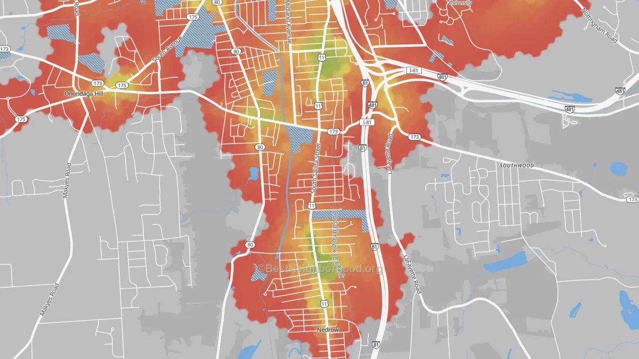 Walk Grade map of South Valley, Syracuse, NY, walkable areas in green and car-dependent areas in red