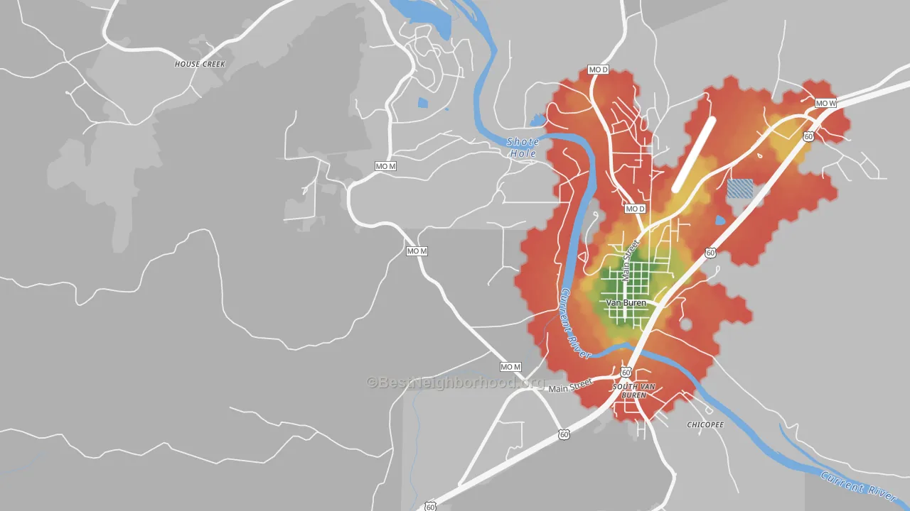 Walk Grade map of South Van Buren, MO, walkable areas in green and car-dependent areas in red