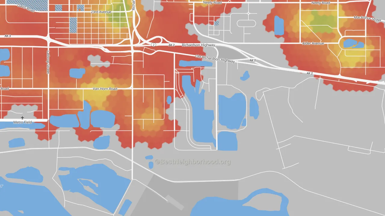 Walk Grade map of South Van Horn, AK, walkable areas in green and car-dependent areas in red