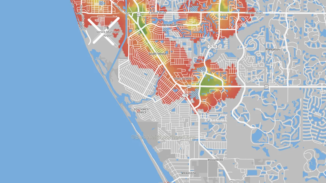 Walk Grade map of South Venice, FL, walkable areas in green and car-dependent areas in red