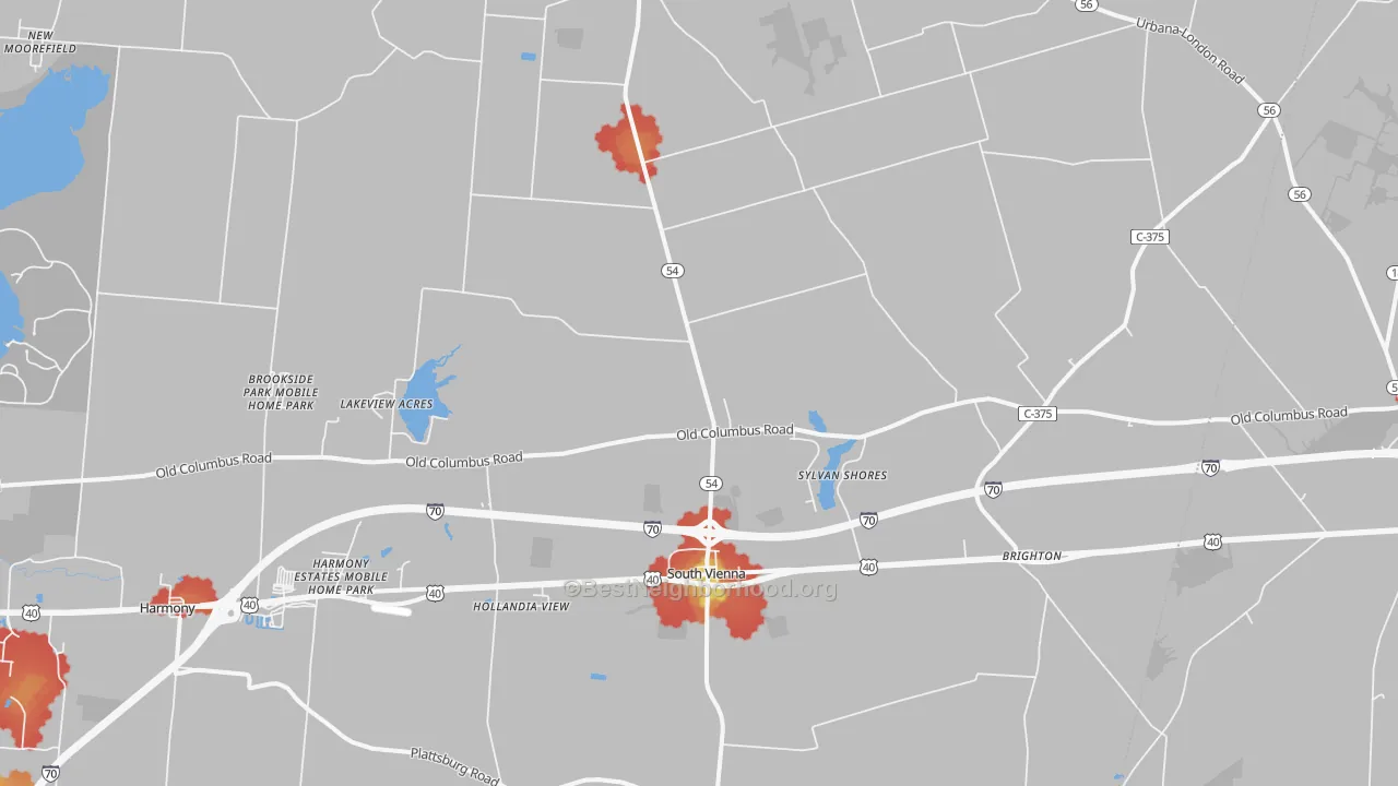 Walk Grade map of South Vienna, OH, walkable areas in green and car-dependent areas in red