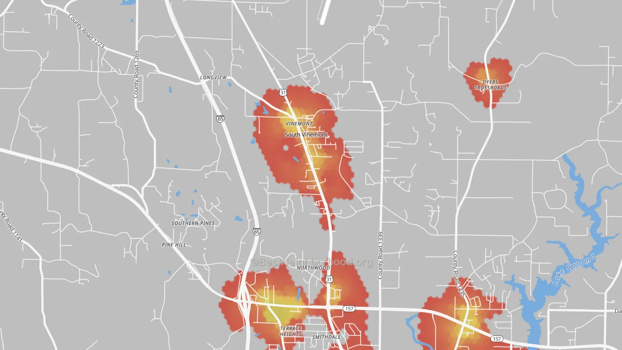 Walk Grade map of South Vinemont, AL, walkable areas in green and car-dependent areas in red