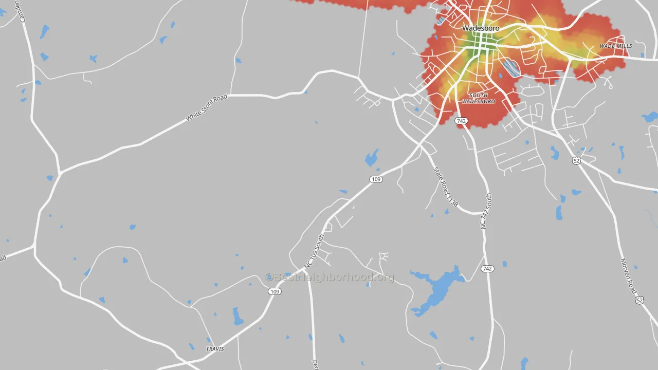 Walk Grade map of South Wadesboro, NC, walkable areas in green and car-dependent areas in red