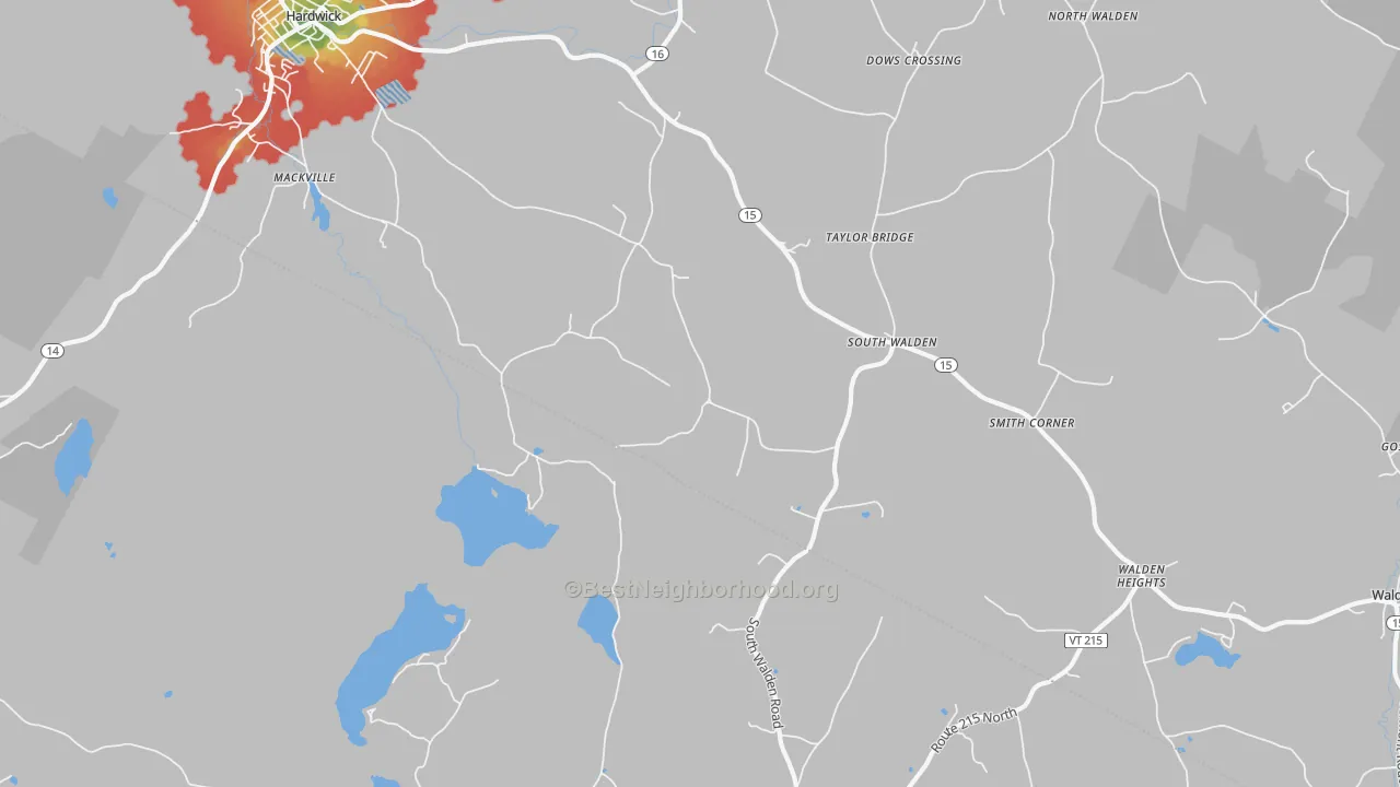 Walk Grade map of South Walden, VT, walkable areas in green and car-dependent areas in red