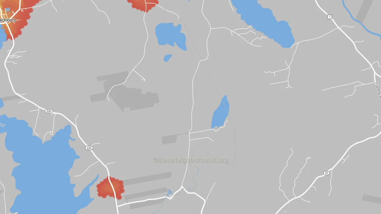 Walk Grade map of South Waldoboro, ME, walkable areas in green and car-dependent areas in red