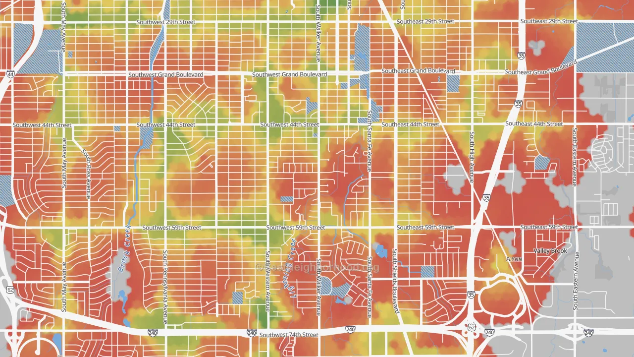 Walk Grade map of South Walker, Oklahoma City, OK, walkable areas in green and car-dependent areas in red