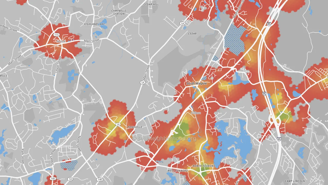 Walk Grade map of South Walpole, MA, walkable areas in green and car-dependent areas in red