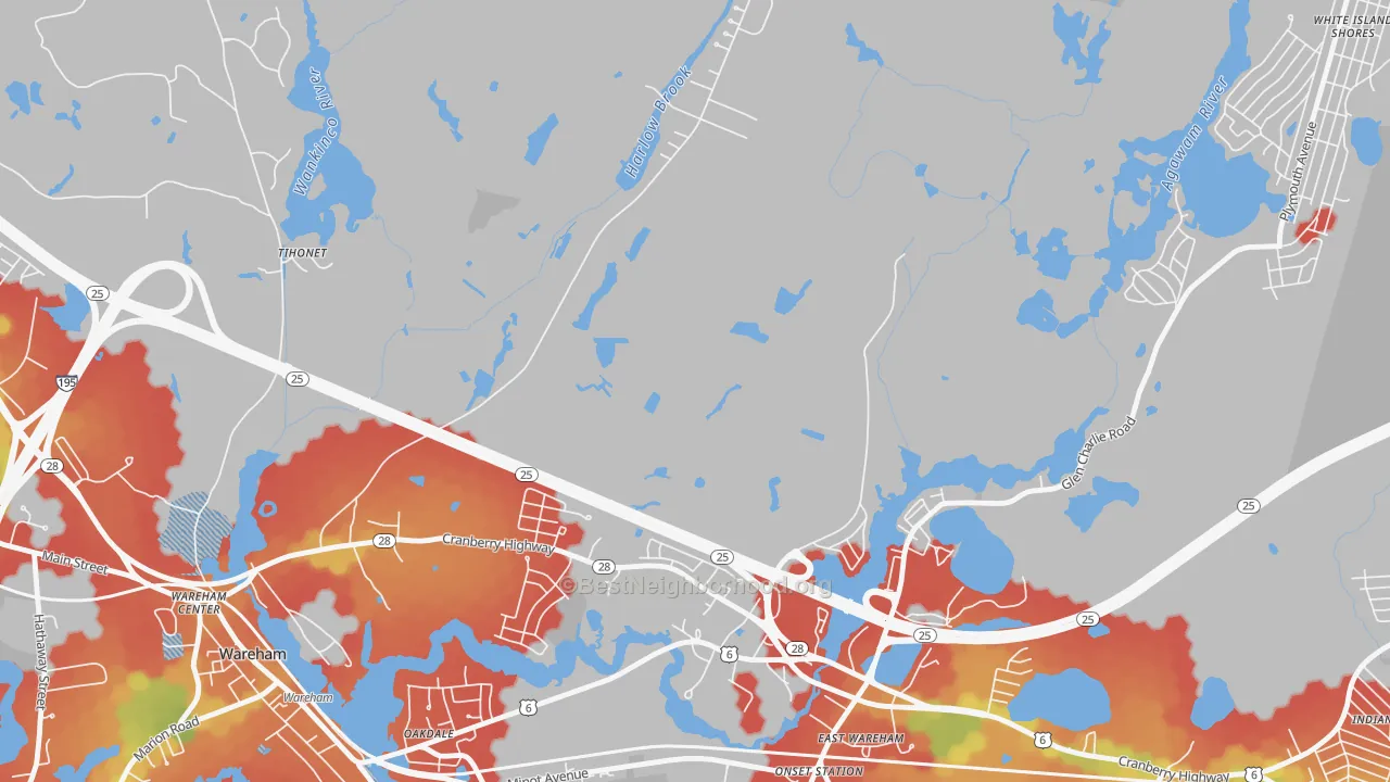 Walk Grade map of South Wareham, MA, walkable areas in green and car-dependent areas in red