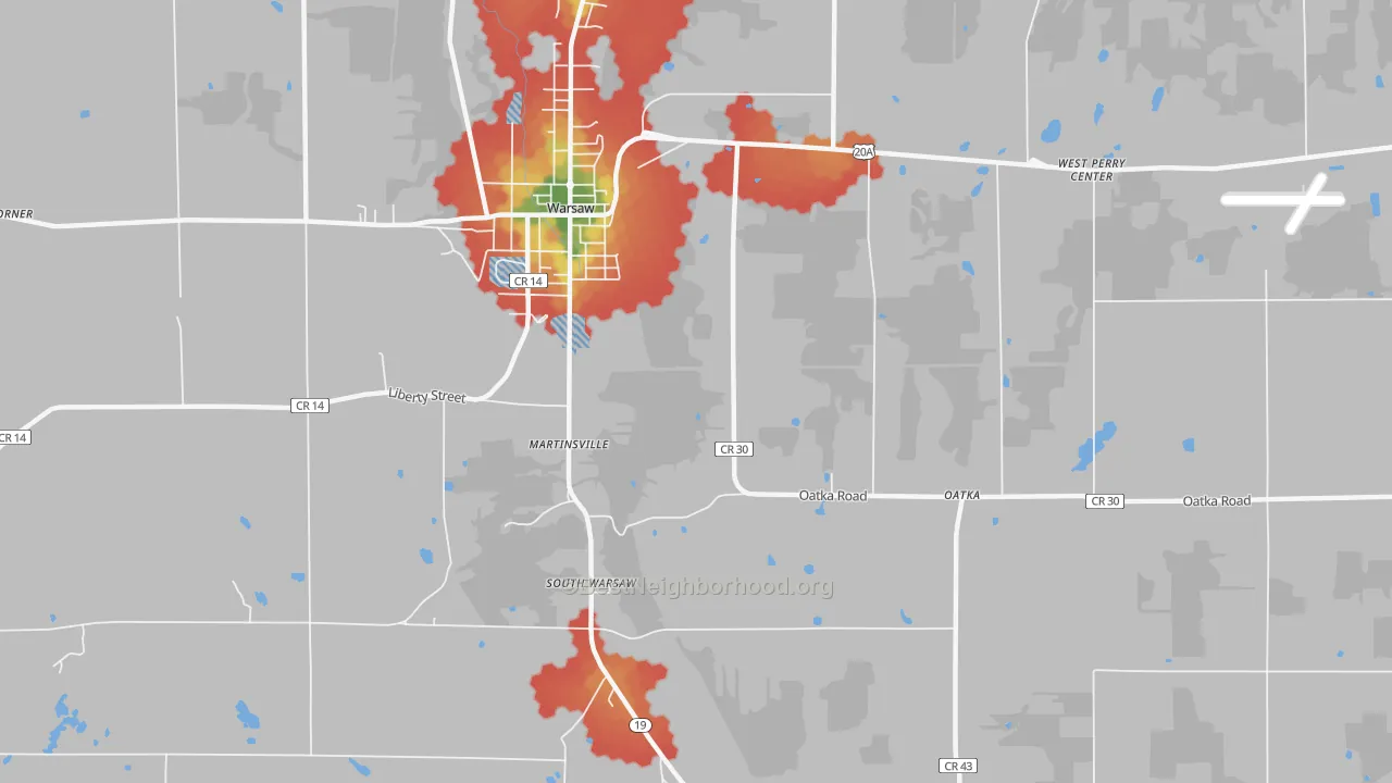 Walk Grade map of South Warsaw, NY, walkable areas in green and car-dependent areas in red