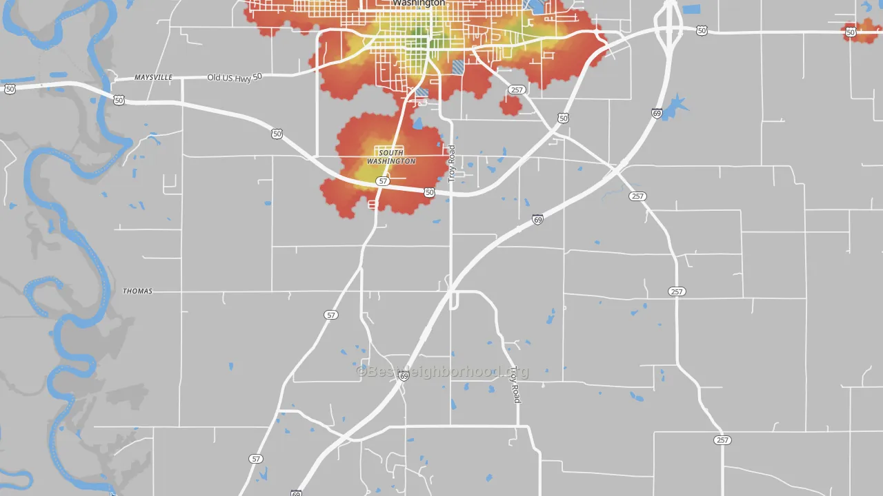 Walk Grade map of South Washington, IN, walkable areas in green and car-dependent areas in red