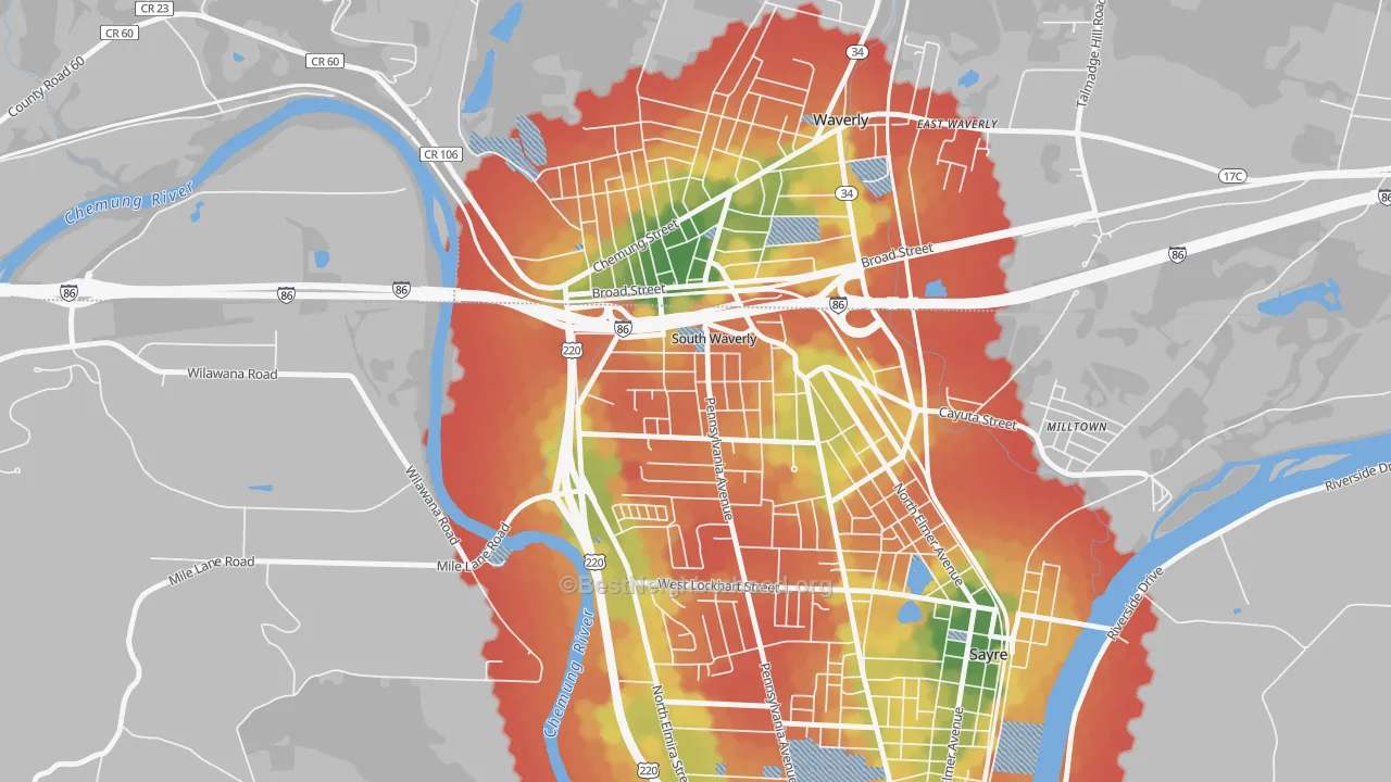Walk Grade map of South Waverly, PA, walkable areas in green and car-dependent areas in red