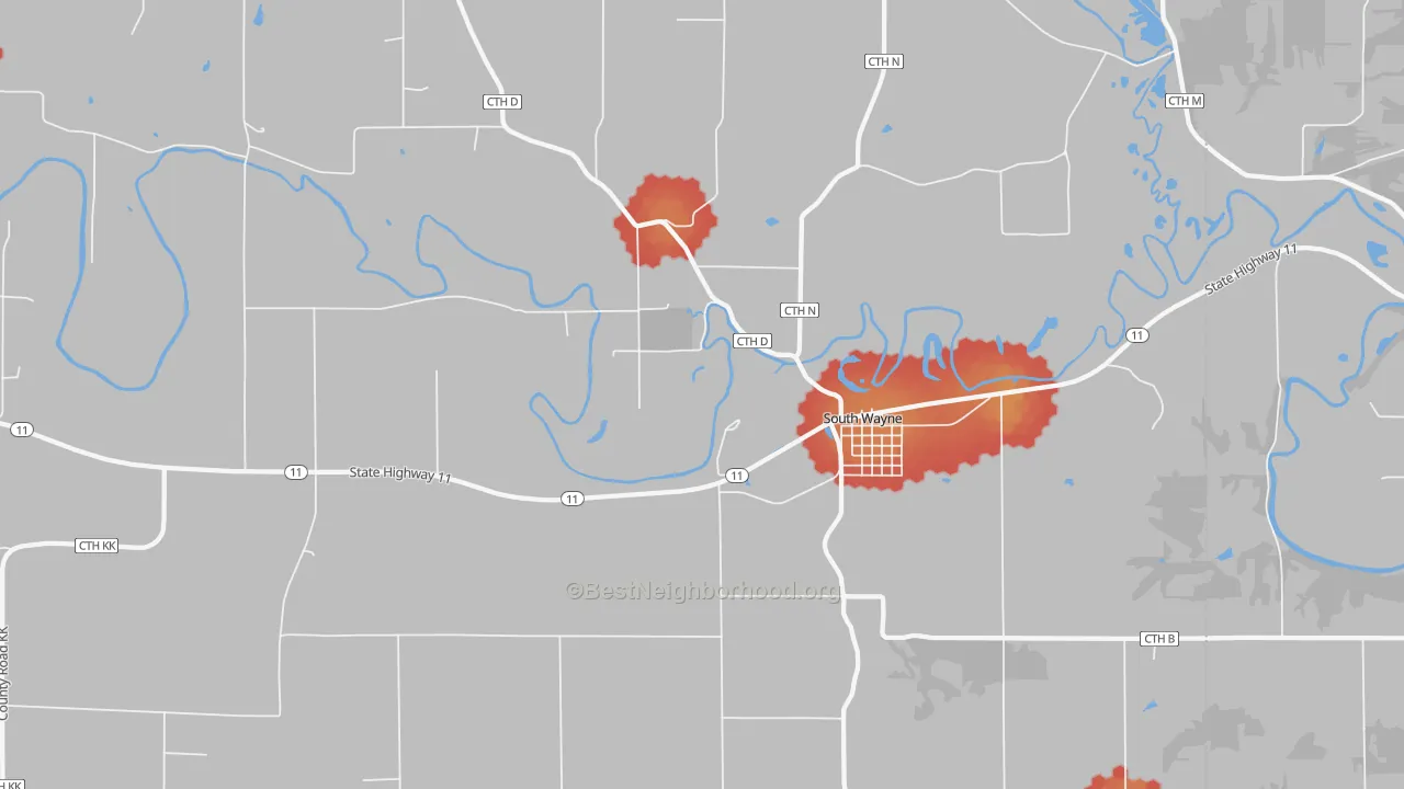 Walk Grade map of South Wayne, WI, walkable areas in green and car-dependent areas in red