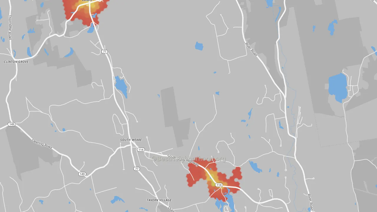 Walk Grade map of South Weare, NH, walkable areas in green and car-dependent areas in red