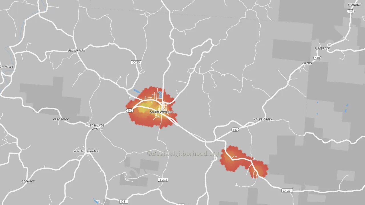 Walk Grade map of South Webster, OH, walkable areas in green and car-dependent areas in red