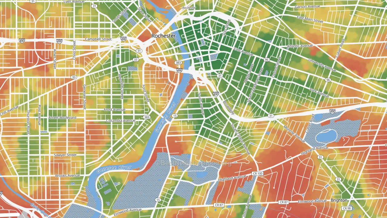 Walk Grade map of South Wedge, Rochester, NY, walkable areas in green and car-dependent areas in red
