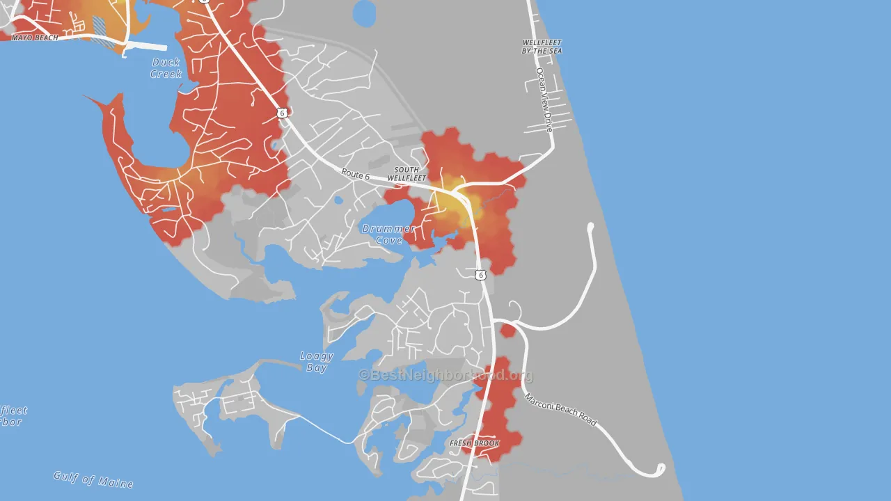 Walk Grade map of South Wellfleet, MA, walkable areas in green and car-dependent areas in red