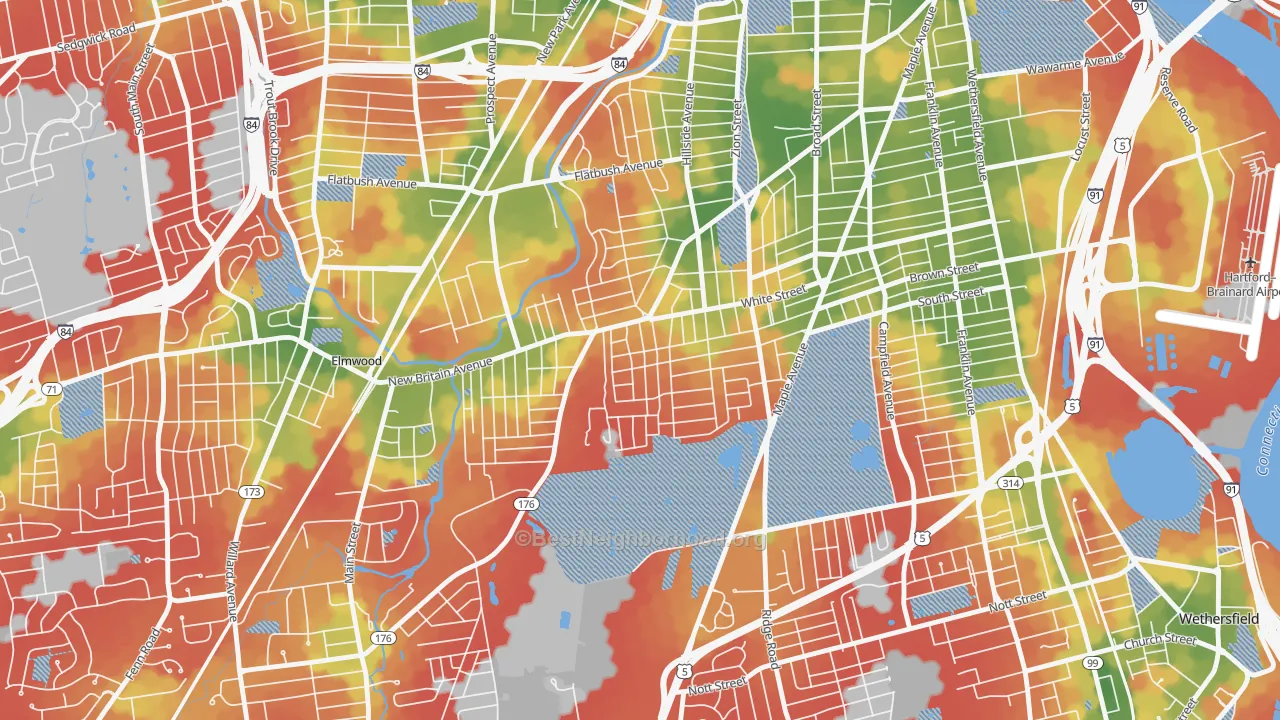 Walk Grade map of South West, Hartford, CT, walkable areas in green and car-dependent areas in red