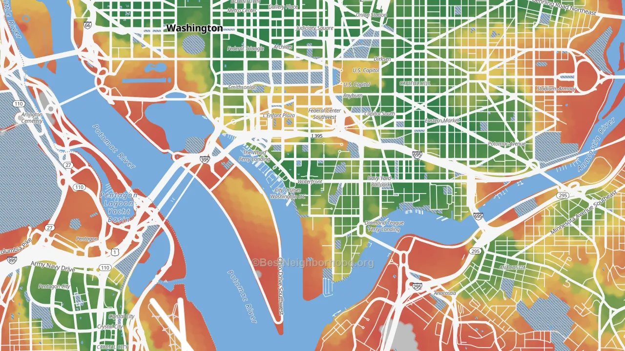 Walk Grade map of South West, Washington, DC, walkable areas in green and car-dependent areas in red