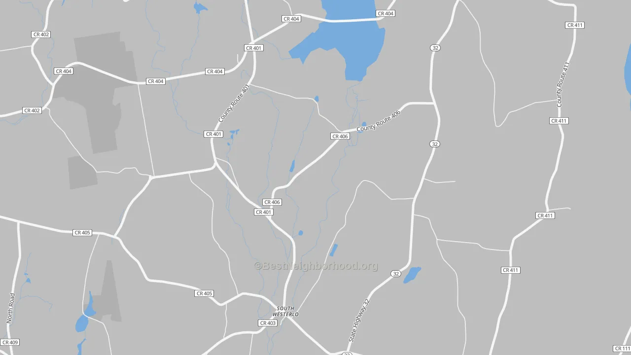 Walk Grade map of South Westerlo, NY, walkable areas in green and car-dependent areas in red
