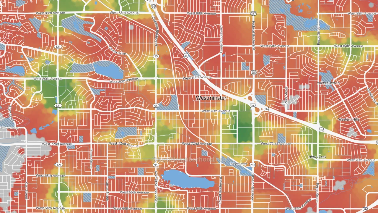 Walk Grade map of South Westminster, Westminster, CO, walkable areas in green and car-dependent areas in red