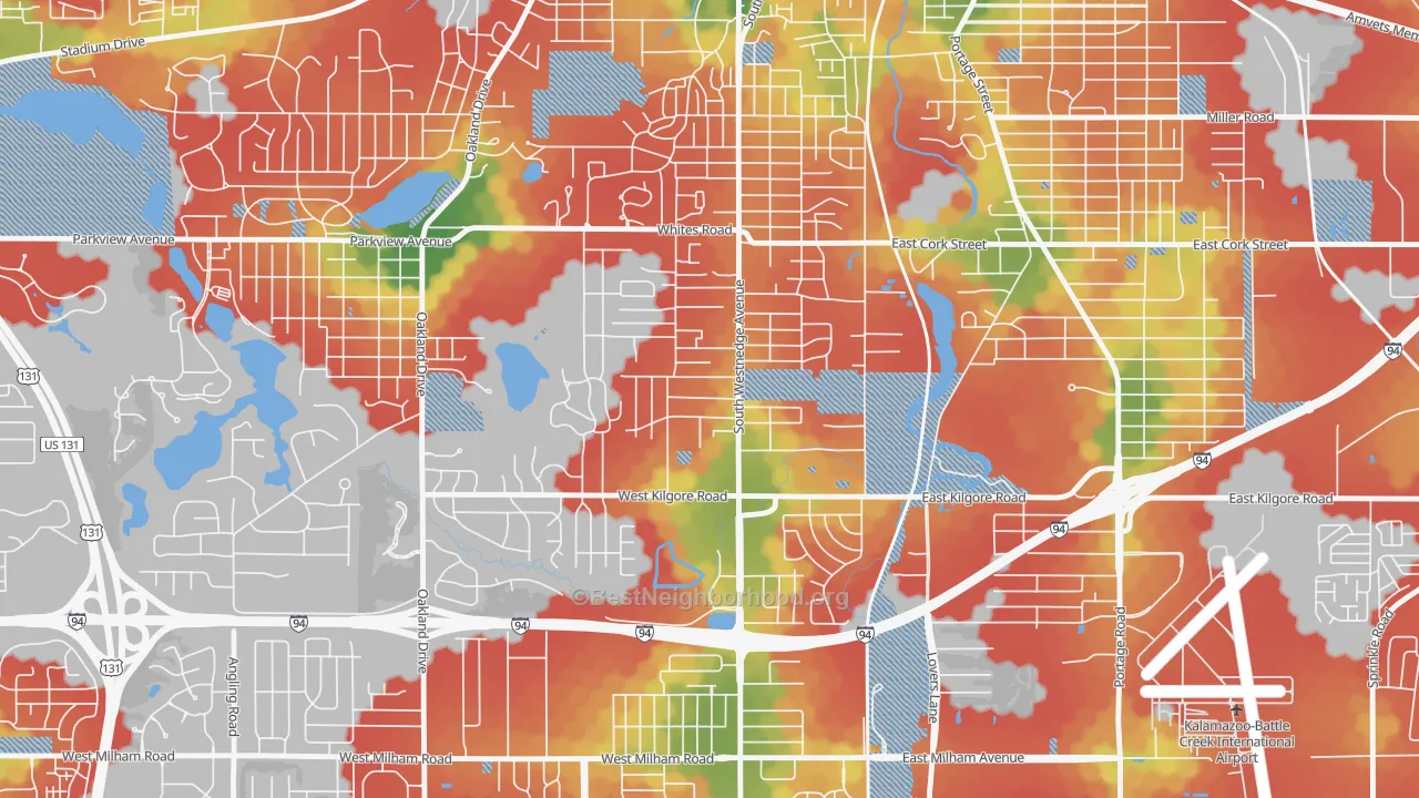Walk Grade map of South Westnedge, Kalamazoo, MI, walkable areas in green and car-dependent areas in red