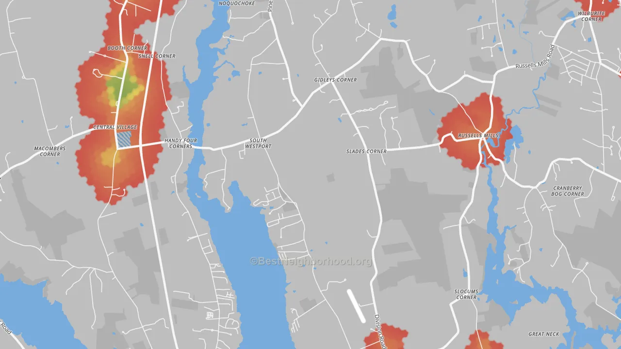 Walk Grade map of South Westport, MA, walkable areas in green and car-dependent areas in red