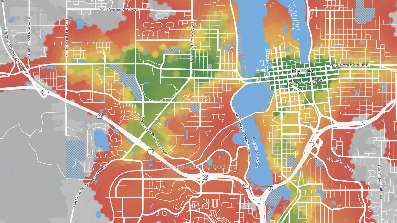 Walk Grade map of South Westside, Olympia, WA, walkable areas in green and car-dependent areas in red