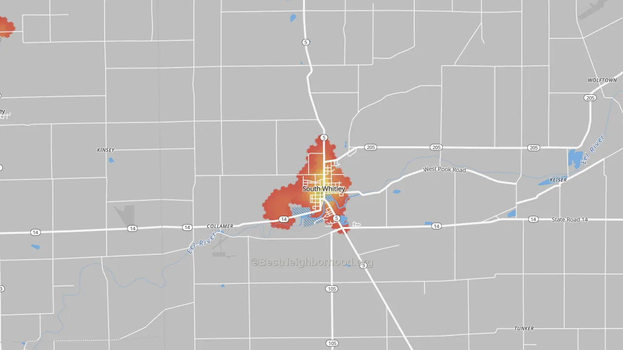 Walk Grade map of South Whitley, IN, walkable areas in green and car-dependent areas in red