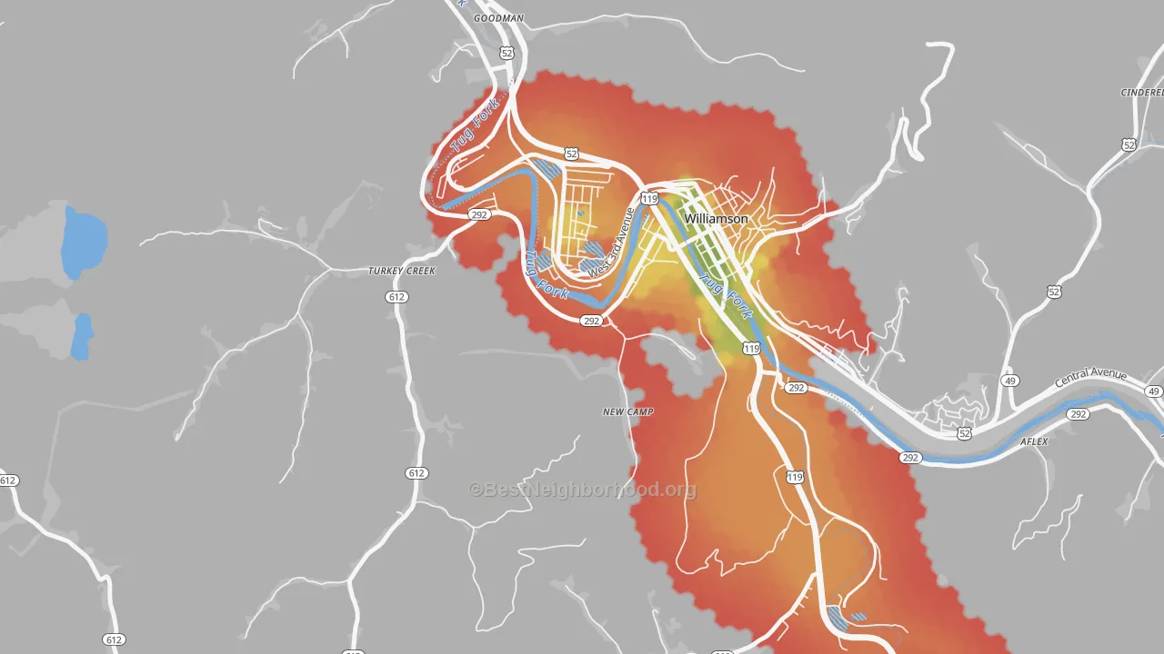 Walk Grade map of South Williamson, KY, walkable areas in green and car-dependent areas in red