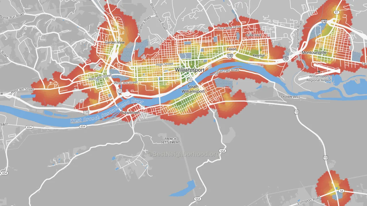 Walk Grade map of South Williamsport, PA, walkable areas in green and car-dependent areas in red