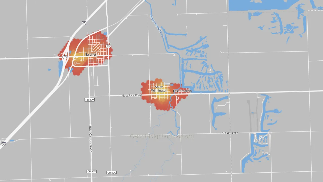 Walk Grade map of South Wilmington, IL, walkable areas in green and car-dependent areas in red