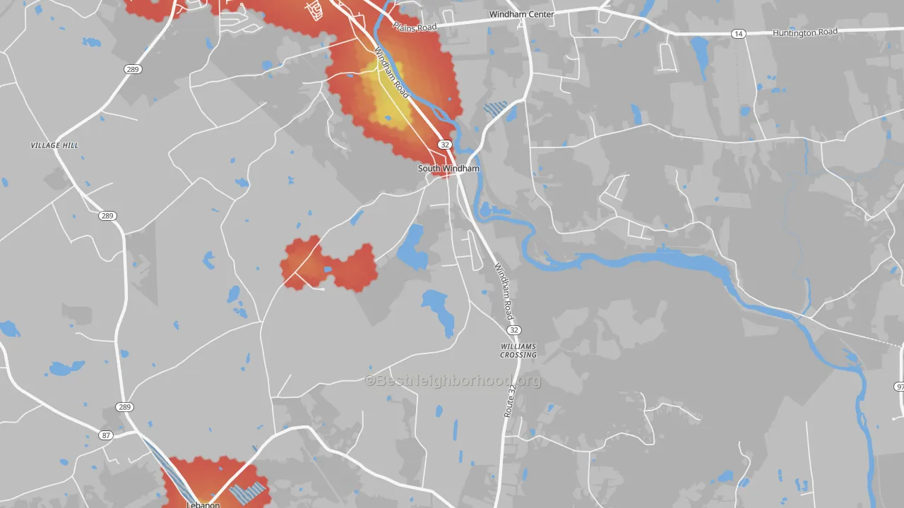 Walk Grade map of South Windham, CT, walkable areas in green and car-dependent areas in red