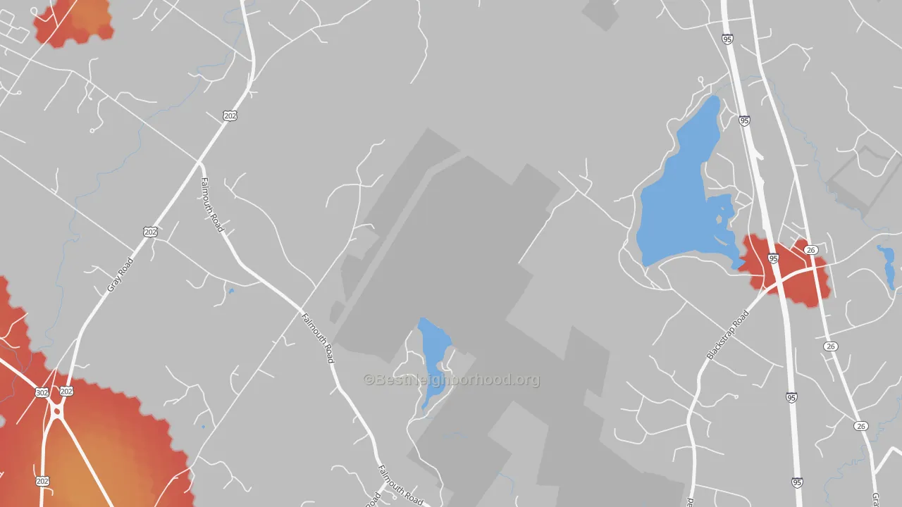 Walk Grade map of South Windham, ME, walkable areas in green and car-dependent areas in red