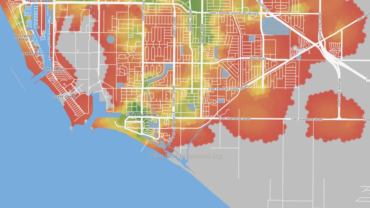 Walk Grade map of South Winds, Oxnard, CA, walkable areas in green and car-dependent areas in red