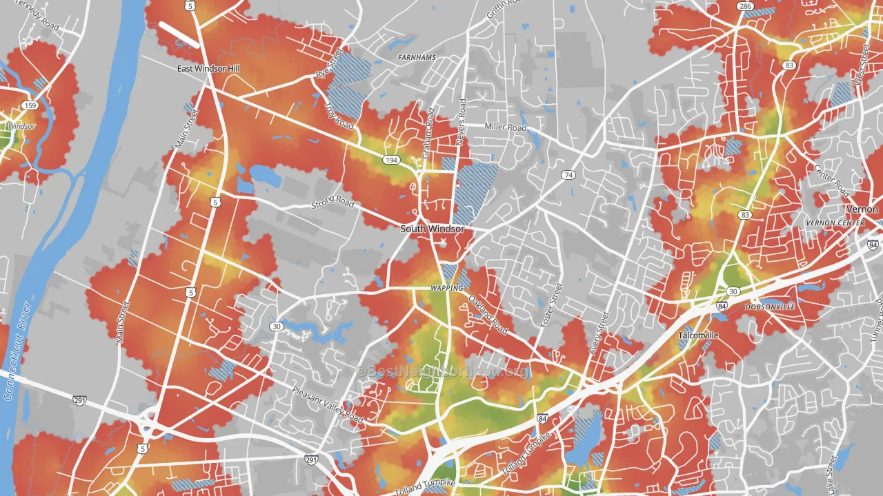 Walk Grade map of South Windsor, CT, walkable areas in green and car-dependent areas in red